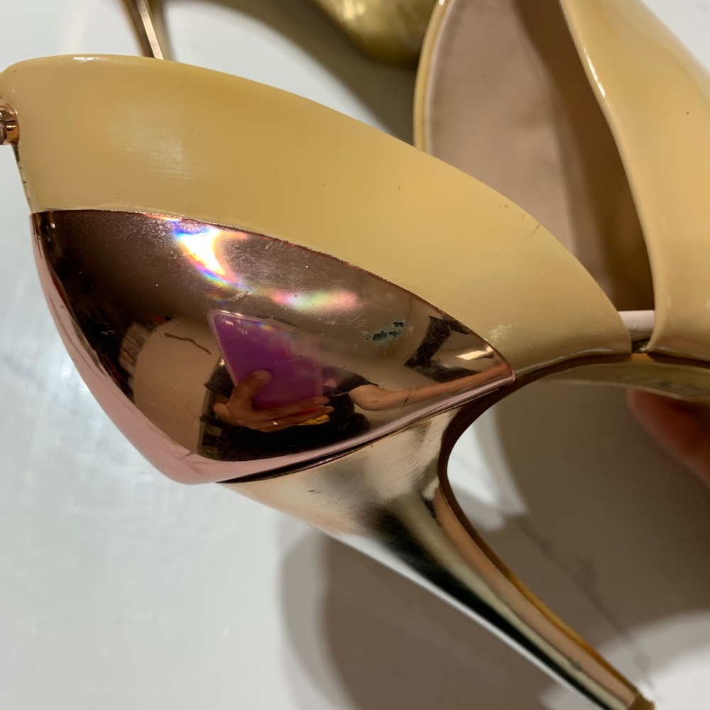 TED BAKER LONDON Wheat Patent Slip On Booties Rose Gold Heels Sz 37 - Picture 10 of 12